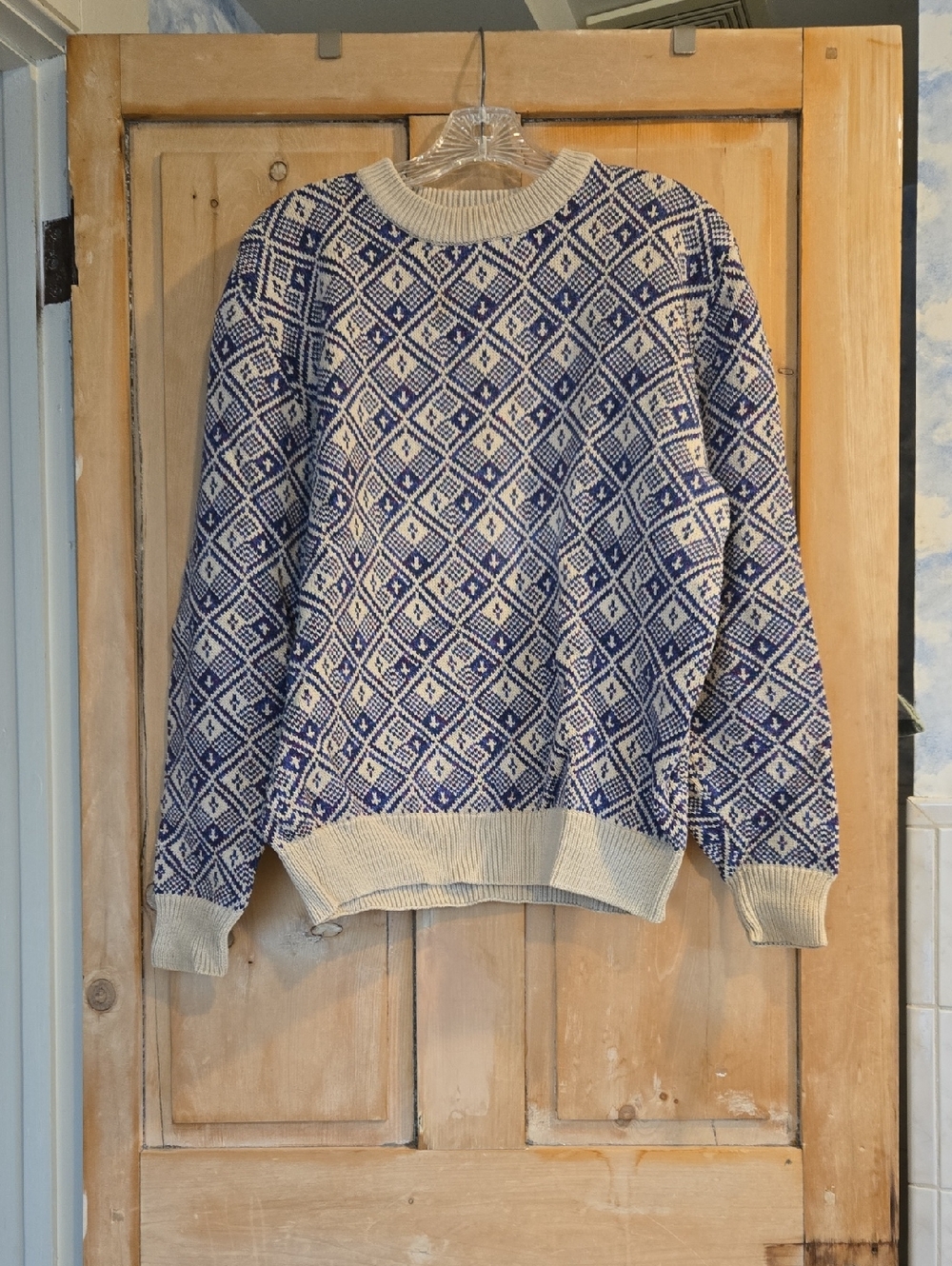 Men's Blue and Cream Fair Isle Knit Sweater
